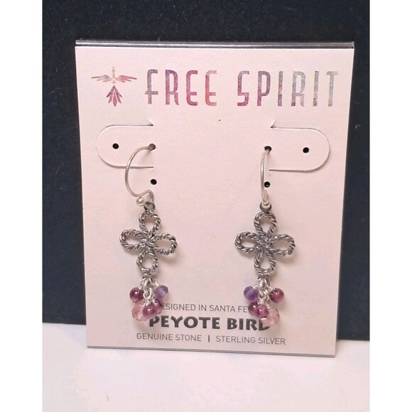 Peyote Bird Pink Purple Beads 4 Petal Floral 1.25" Earrings Sterling Silver NWT - Picture 1 of 7